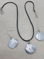 Mother of Pearl Jewelry Set  Necklace Earrings Black Cord Women Boho Beach Silver