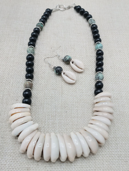 Women Cowrie Shell African Turquoise Beaded Necklace Jewelry Set Necklace Earrings Handmade Gift