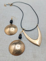 Women Jewelry Set Hammered Round Earrings Beaded V Shape Minimalist Bohemian Brass Gold Tone Necklace