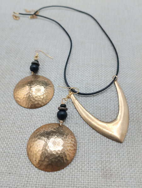 Women Jewelry Set Hammered Round Earrings Beaded V Shape Minimalist Bohemian Brass Gold Tone Necklace