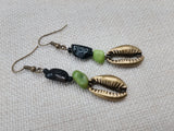 Cowrie Earrings Beaded Jewelry Green Brass Dangle Ethnic