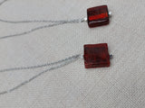 Women Necklace Long Stainless Steel Chain Amber Red Glass Square Jewelry