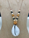 Large Cowrie Shell Necklace Leather Cord Wood Beads Jewelry Men Gift