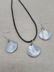 Mother of Pearl Jewelry Set  Necklace Earrings Black Cord Women Boho Beach Silver