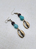 Boho Earrings Antique Bronze Cowrie Turquoise Brown Women Jewelry