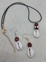 Cowrie Set Jewelry Beaded Wood black Cord Earrings Necklace Women Gift Idea Handmade