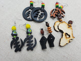 Wooden African Earrings Gye Nyame Jewelry Set of 5 Handmade Dangle