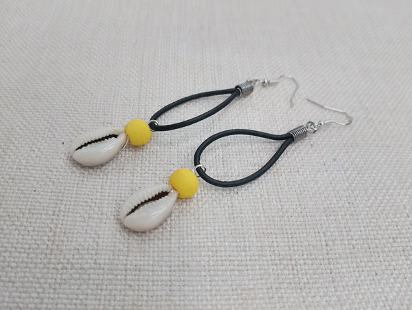 Women Yellow Earrings Black Cowrie Dangle Boho Jewelry Handmade