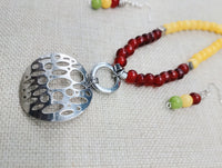 Women Jewelry Set Rasta Earrings Necklace Silver Pendant Beaded Red Yellow Green