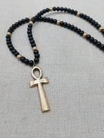 Gold Tone Ankh Pendant Black Beaded Necklace Unisex Jewelry Egyptian Ethnic