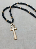 Gold Tone Ankh Pendant Black Beaded Necklace Unisex Jewelry Egyptian Ethnic