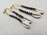 Women Clip On Earrings Black Gold Cowrie Long Dangle Beaded Jewelry Non Pierced