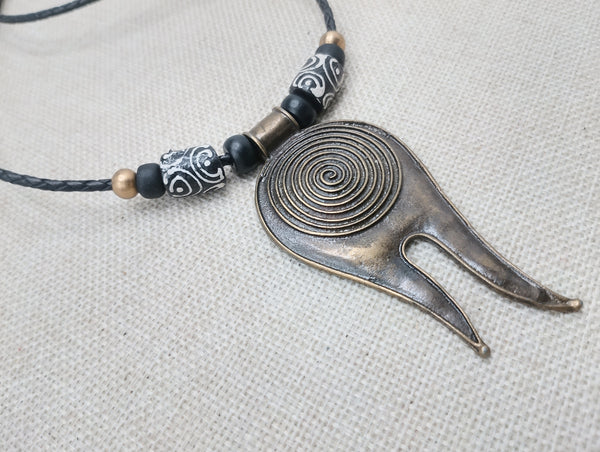 Tribal Necklace Swirl Antique Bronze Black Leather Women's Jewelry Cord Ethnic Large Pendant