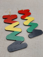 Wooden Rasta Earrings Large Zigzag Red Yellow Green Black Jewelry Handmade Hand Painted