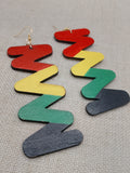 Wooden Rasta Earrings Large Zigzag Red Yellow Green Black Jewelry Handmade Hand Painted