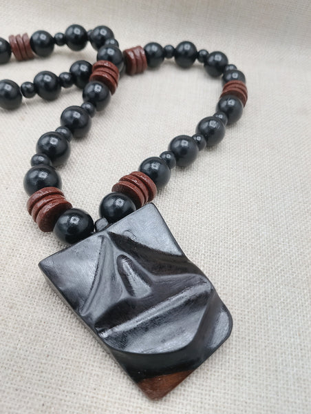 African Wooden Necklace Lips Black Brown Carved Beaded Jewelry Men Gift Ideas