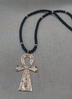 Gold Ankh Men Necklace Large Pendant Beaded Jewelry  Black