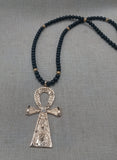 Gold Ankh Men Necklace Large Pendant Beaded Jewelry  Black