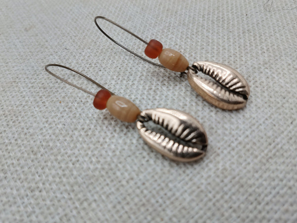 Cowrie Earrings Antique Gold Beaded Brown Long Women Jewelry