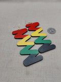 Wooden Rasta Earrings Large Zigzag Red Yellow Green Black Jewelry Handmade Hand Painted