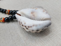 Men Necklace African Cowrie Shell Jewelry Black Beaded Orange Krobo Handmade Gift Ideas