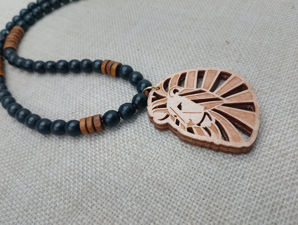 Leo the Lion Necklace Wooden Beaded Black Brown Men Women