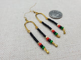 Afrocentric Earrings Pan African Jewelry Gold Tone Beaded Dangle  Red Black Green Women