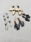 Wooden Earrings Africa Gye Nyame Black Brown Cowrie Fist Women Handmade Beaded Jewelry Set of 4