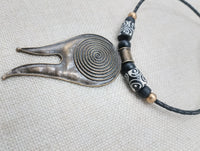 Tribal Necklace Swirl Antique Bronze Black Leather Women's Jewelry Cord Ethnic Large Pendant