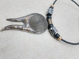 Tribal Necklace Swirl Antique Bronze Black Leather Women's Jewelry Cord Ethnic Large Pendant