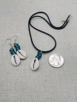 Cowrie Shell Jewelry Set Necklace Earrings Glass Teal Beaded Black Cord Women
