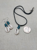 Cowrie Shell Jewelry Set Necklace Earrings Glass Teal Beaded Black Cord Women