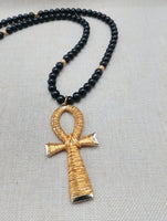 Gold Tone Ankh Necklace Men Jewelry Wire Wrapped Beaded Black Large Gift Idea