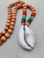 Men Necklace Cowrie Pendant Jewelry Wood Beaded Red Yellow Green Rasta Ethnic Handmade