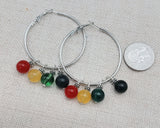 Women Silver Hoop Earrings Round Rasta Beaded Jewelry Red Yellow Green Black