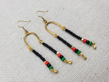 Afrocentric Earrings Pan African Jewelry Gold Tone Beaded Dangle  Red Black Green Women