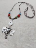 Silver Elephant Pendant Colorful Dangle Necklace Red Blue Green Cowrie Adjustable Women Jewelry