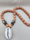 Large Cowrie Shell Necklace Wooden Carved Beaded Jewelry Men Beach Boho
