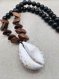 Men Necklace Large Cowrie Shell Beaded Black Wooden Jewelry Ethnic Handmade Statement