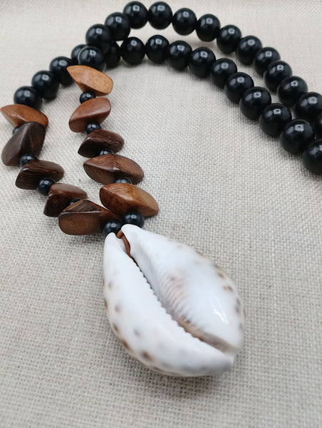 Men Necklace Large Cowrie Shell Beaded Black Wooden Jewelry Ethnic Handmade Statement