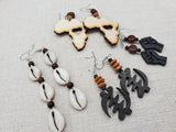 Wooden Earrings Africa Gye Nyame Black Brown Cowrie Fist Women Handmade Beaded Jewelry Set of 4