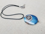 Blue Agate Stone Necklace Women Silver Pendant Black Cord Jewelry