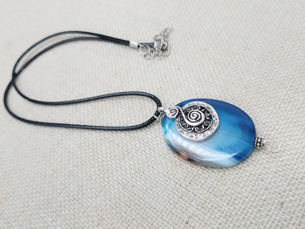 Blue Agate Stone Necklace Women Silver Pendant Black Cord Jewelry