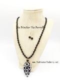 Black White Necklace Beaded Long 3 Piece Jewelry Set Women Earrings Bracelet