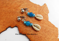 Cowrie Shell Beaded Clip On Blue Non Pierced Earrings