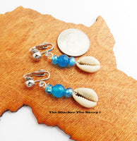 Cowrie Shell Beaded Clip On Blue Non Pierced Earrings