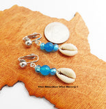 Cowrie Shell Beaded Clip On Blue Non Pierced Earrings