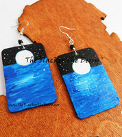 Moon Earrings Night Time Jewelry Water Waves Hand Painted Wooden