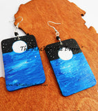 Moon Earrings Night Time Jewelry Water Waves Hand Painted Wooden