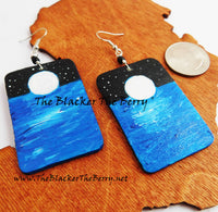 Moon Earrings Night Time Jewelry Water Waves Hand Painted Wooden